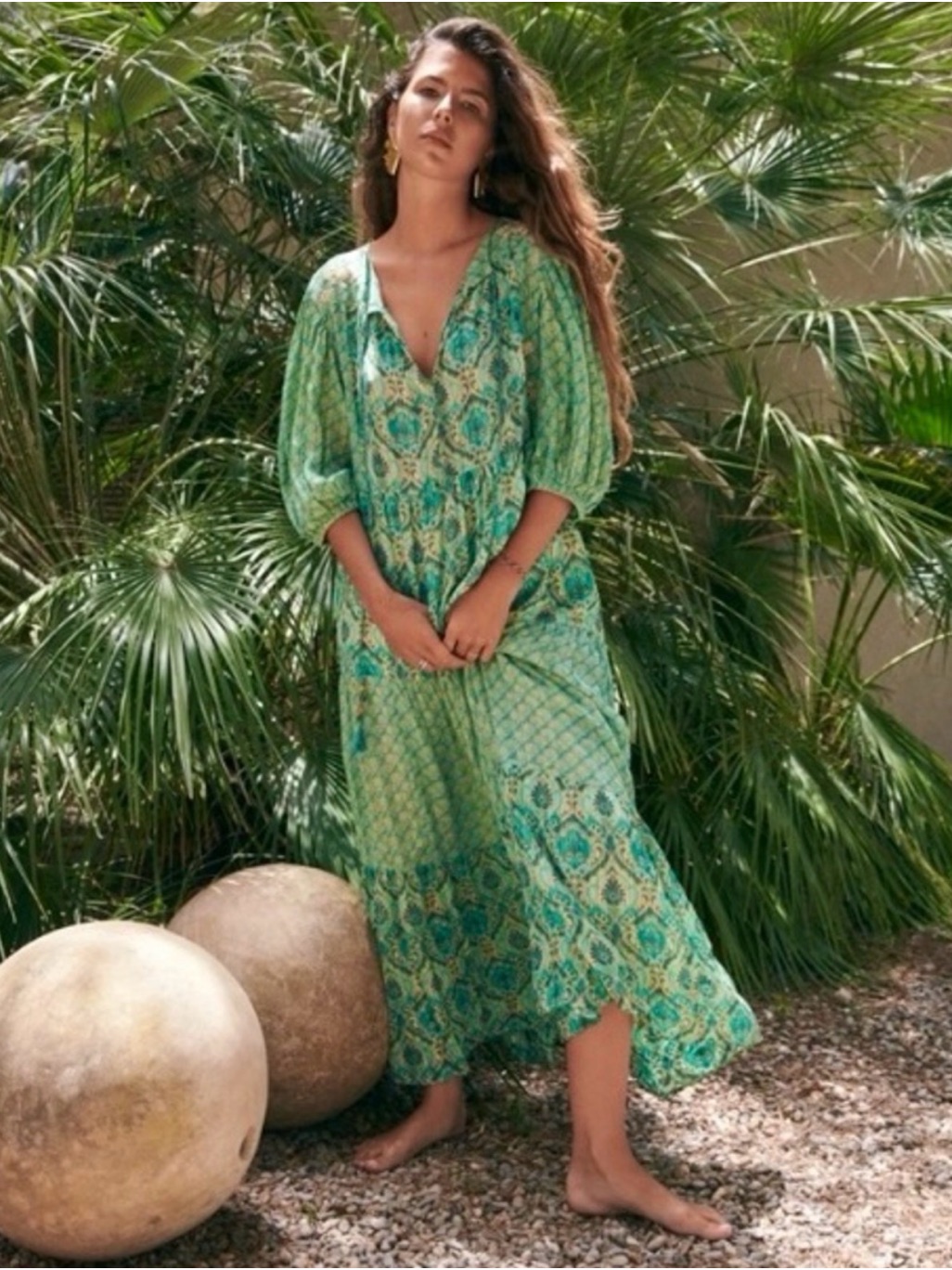 Zara Boho Green Long Sleeve V-Neck Maxi Dress Size Lx, Will Fit L.